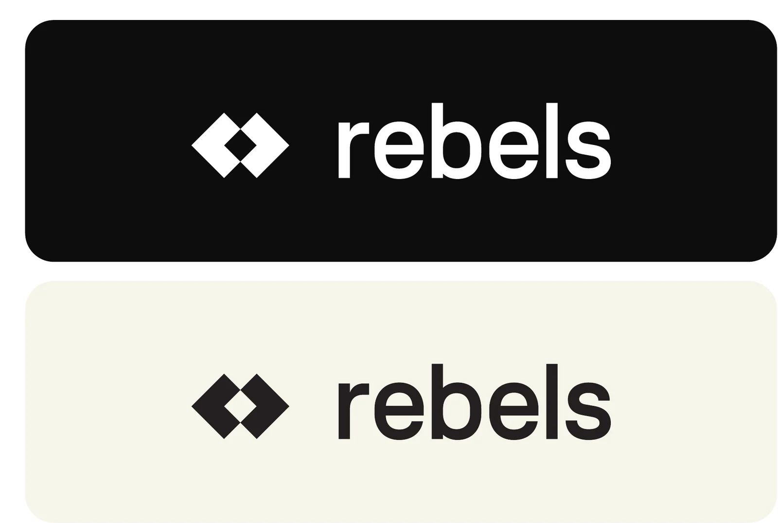 The small diamond mark beside the word rebels, white on black above and black on ivory below.