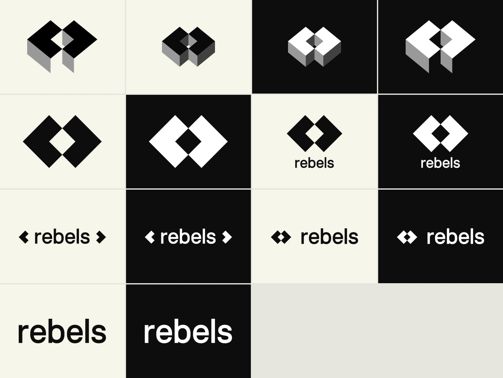 Fourteen logo files as tiles, dark versions on ivory and light versions on black: the folded three dimensional diamond mark in four versions, the flat diamond mark, the stacked logo with the word rebels under the mark, the word rebels between two arrow marks, the small mark beside the word, and the word alone.