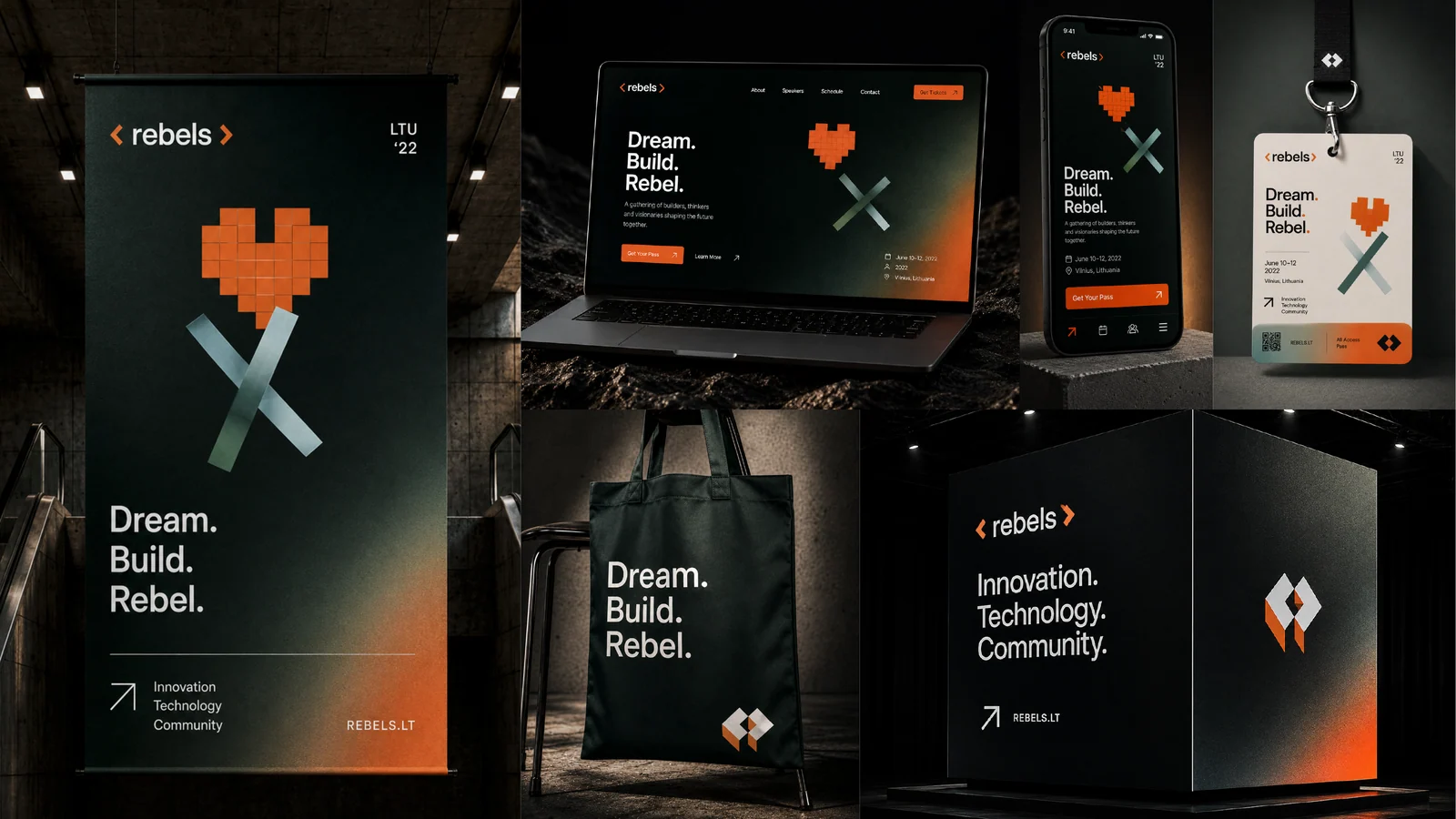 Six mockups on dark grounds: a hanging poster with an orange pixel heart above a green X and the words Dream. Build. Rebel., a laptop and a phone with the same motif on a web page, a lanyard badge, a black tote bag and a large black cube with the logo and the words Innovation. Technology. Community.