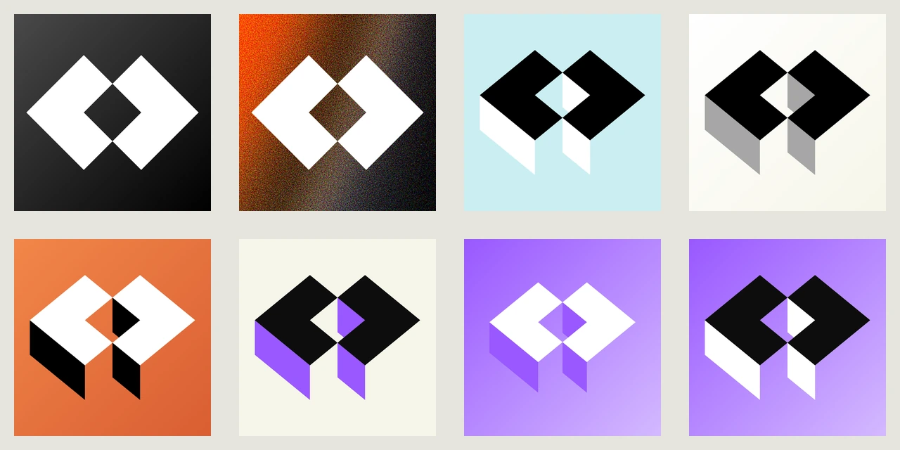 Eight square touch icons: the flat diamond mark in white on a black and on an orange to black ground, and the folded diamond mark on pale blue, ivory, orange and violet grounds.