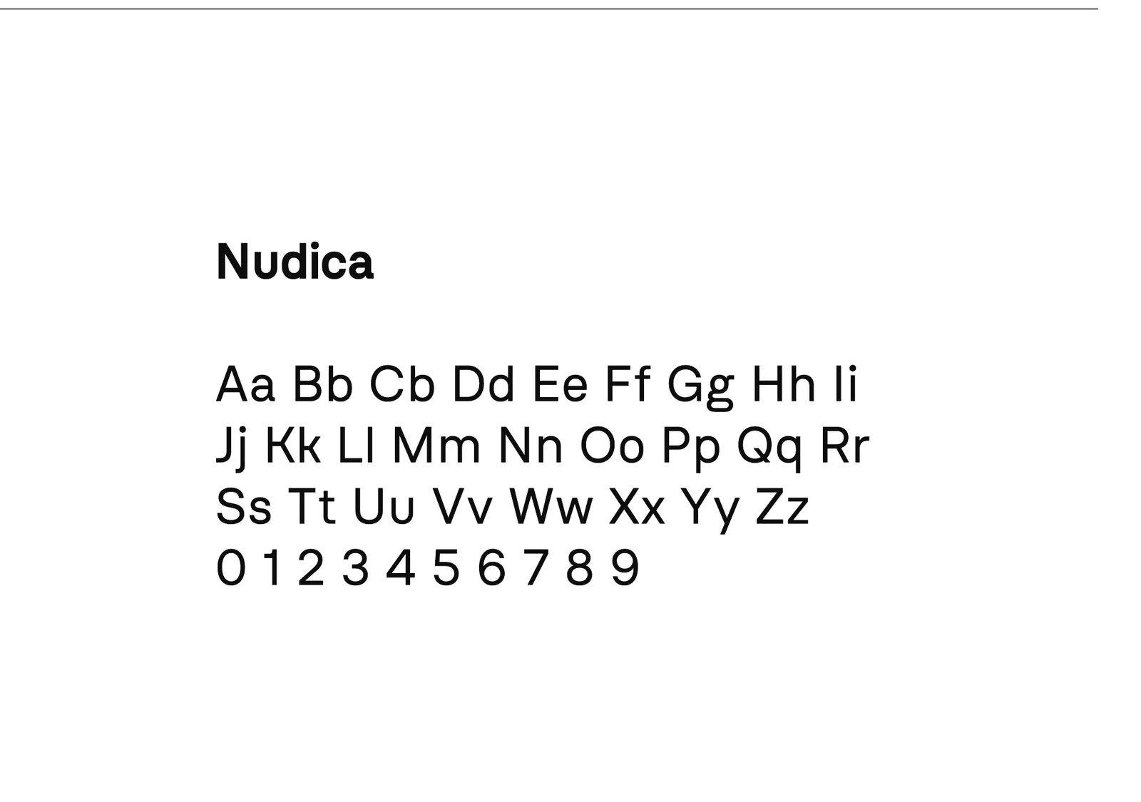 A type specimen: the name Nudica above the alphabet in upper and lower case and the numerals.