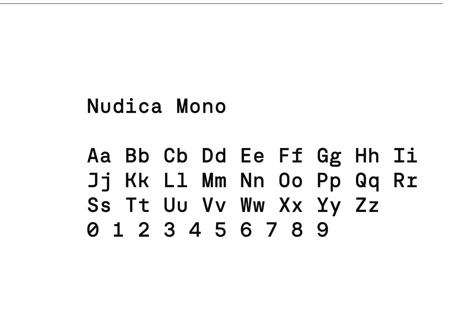 A type specimen: the name Nudica Mono above the alphabet in upper and lower case and the numerals, in a monospaced face.