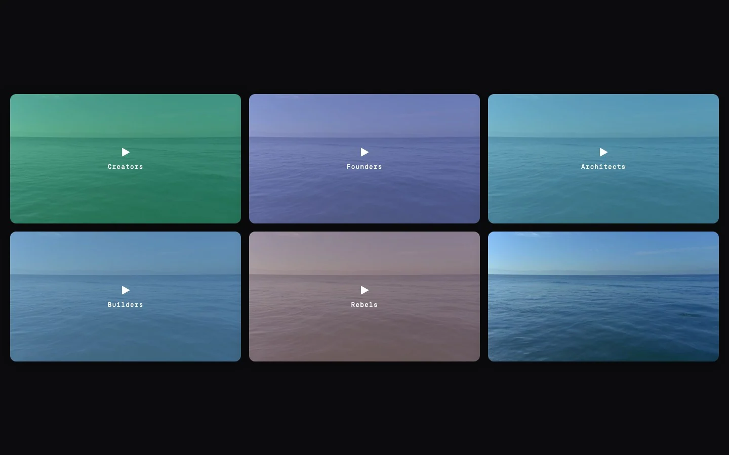 A dark page with six video tiles in two rows, each with a play mark and a small label, filled with sample footage of a calm sea.