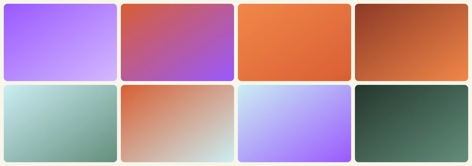 Eight rounded gradient frames in two rows: violet, red to violet, orange, dark orange, pale green, orange to pale blue, pale blue to violet, dark green.