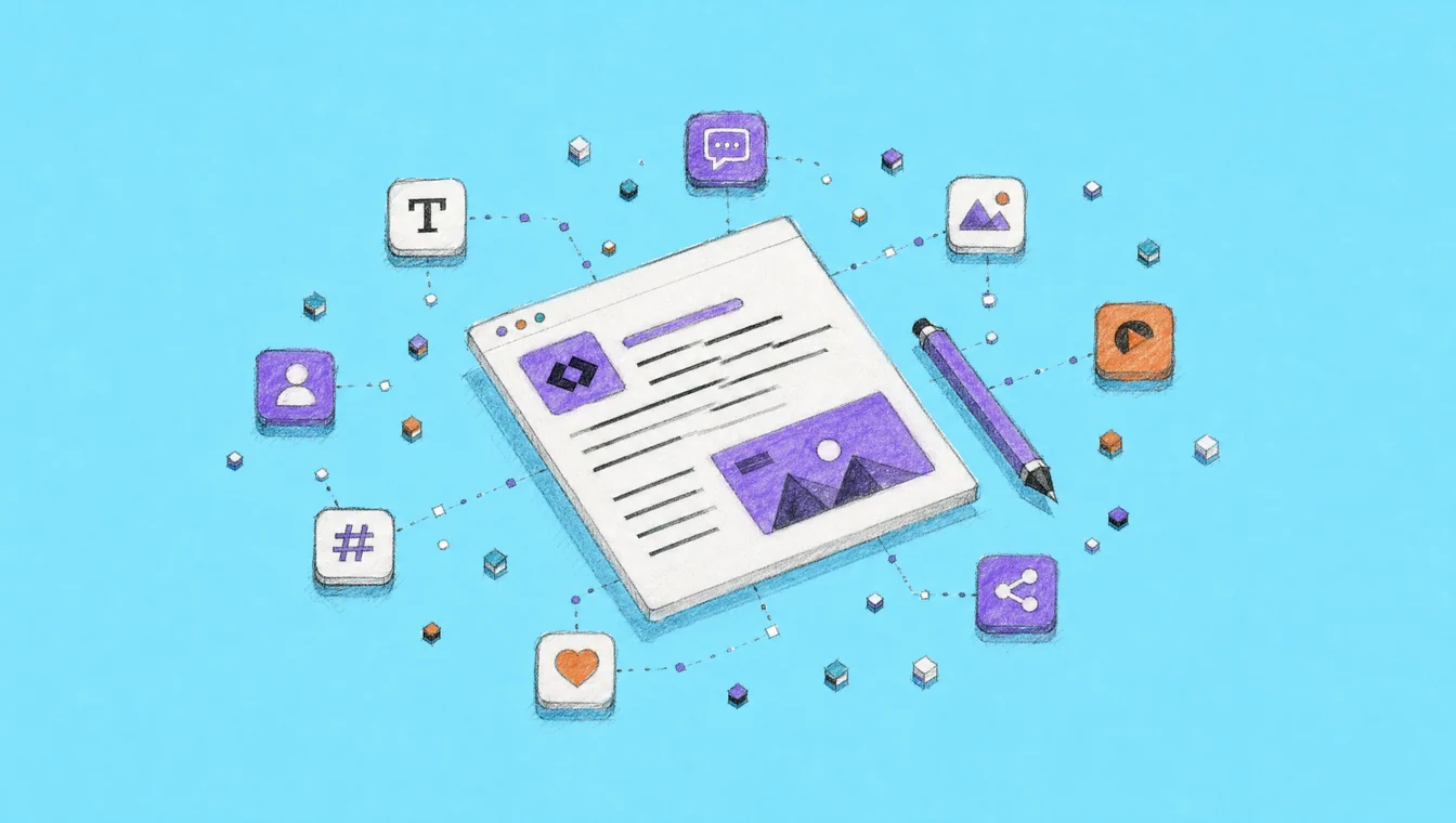 Illustration on light blue: a sheet with text and a picture beside a pen, surrounded by small tiles for type, image, hashtag, heart and share.