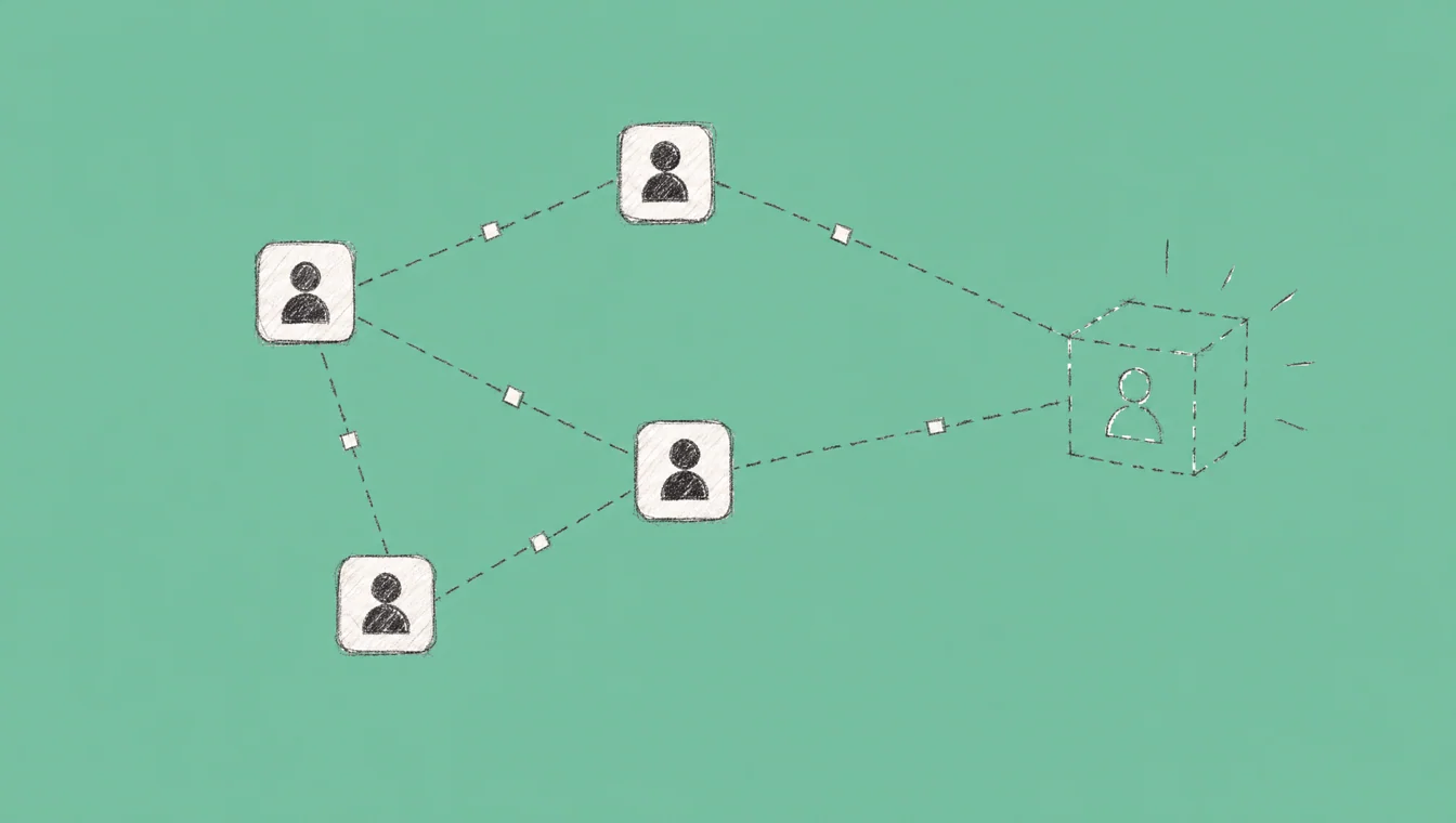 Line illustration on green: four small portrait tiles joined by dashed lines to a cube drawn in dashes with one more figure inside.
