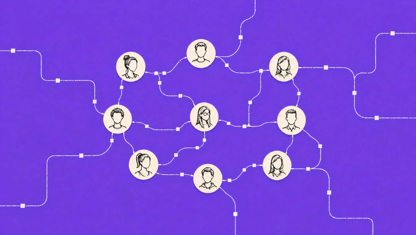 Line illustration on violet: nine round line drawn faces joined by winding paths with small nodes.