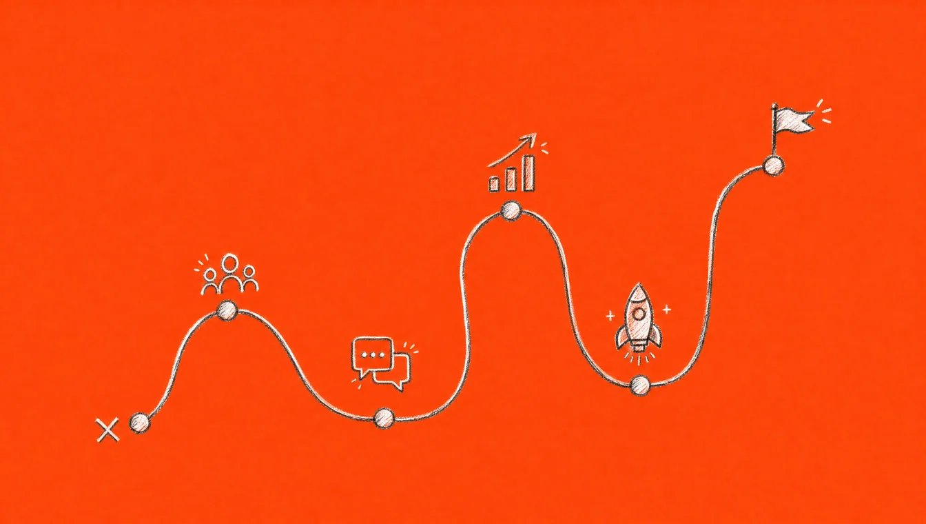 Line illustration on orange: a winding path from a cross to a flag, passing a group of people, a speech bubble, a rocket and a rising chart.
