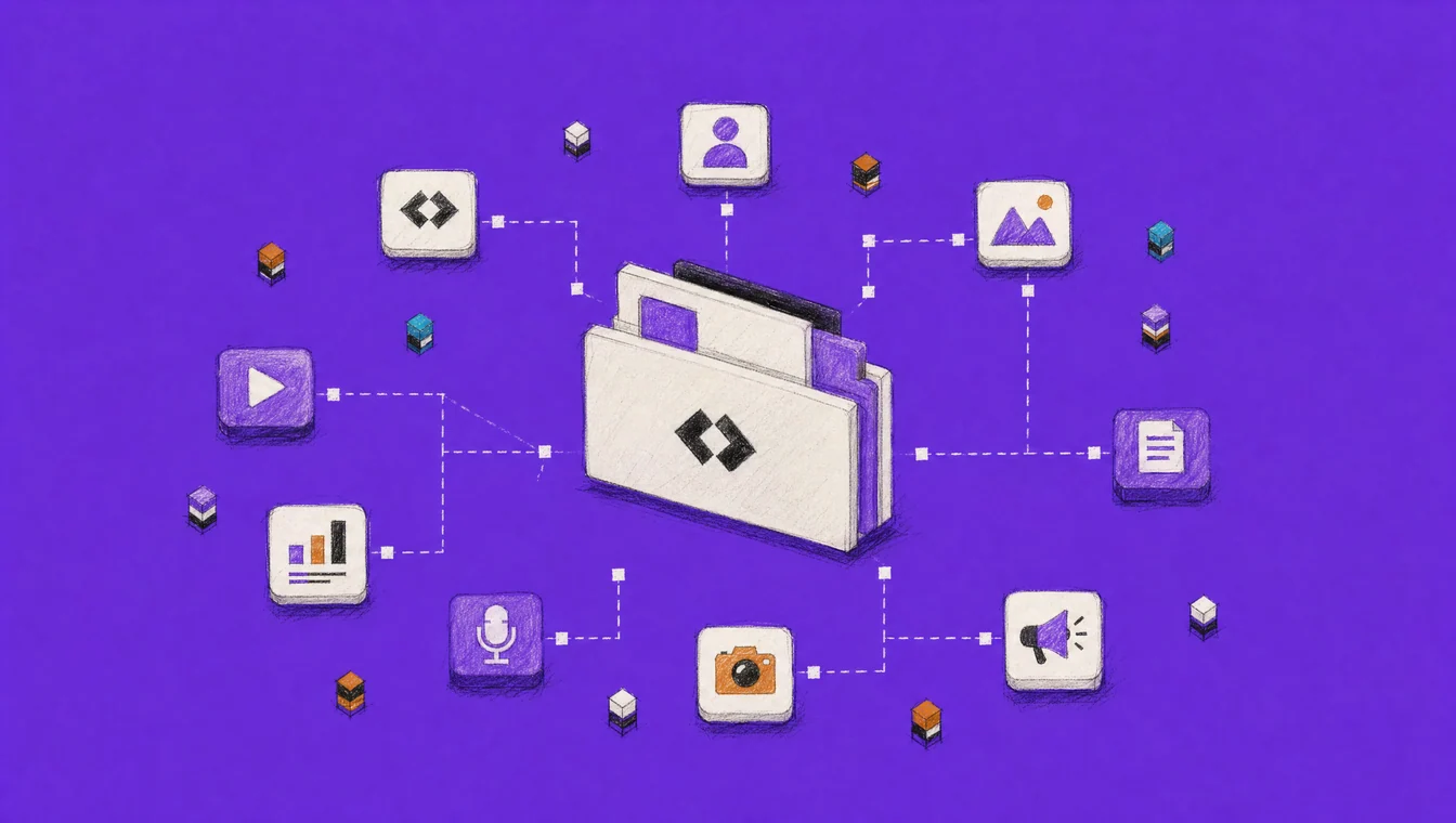 Illustration on violet: a folder with the diamond mark, surrounded by small tiles for video, image, chart, microphone, camera and document.