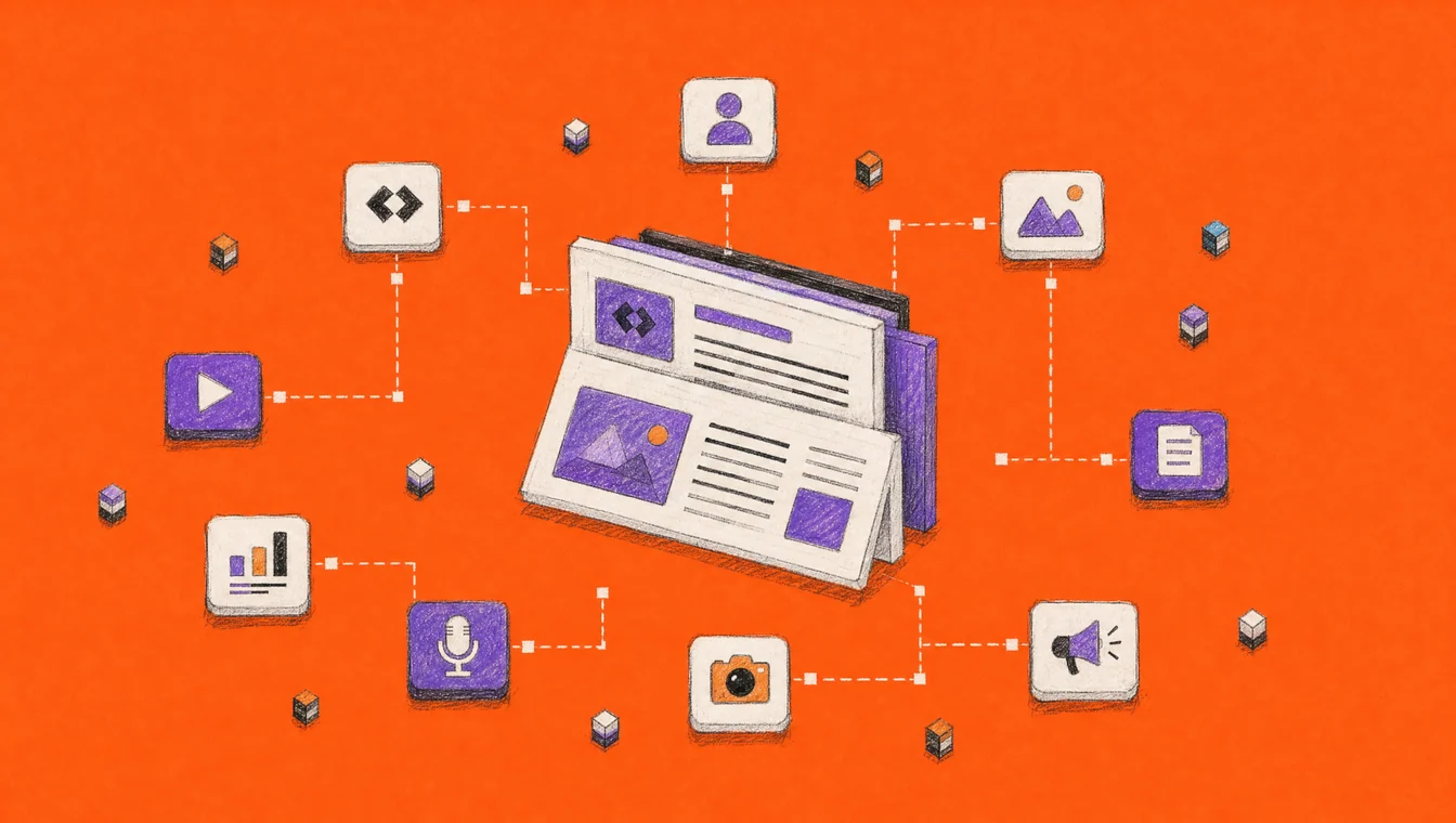 Illustration on orange: a stack of newspaper pages surrounded by small tiles for video, image, chart, microphone, camera and document.