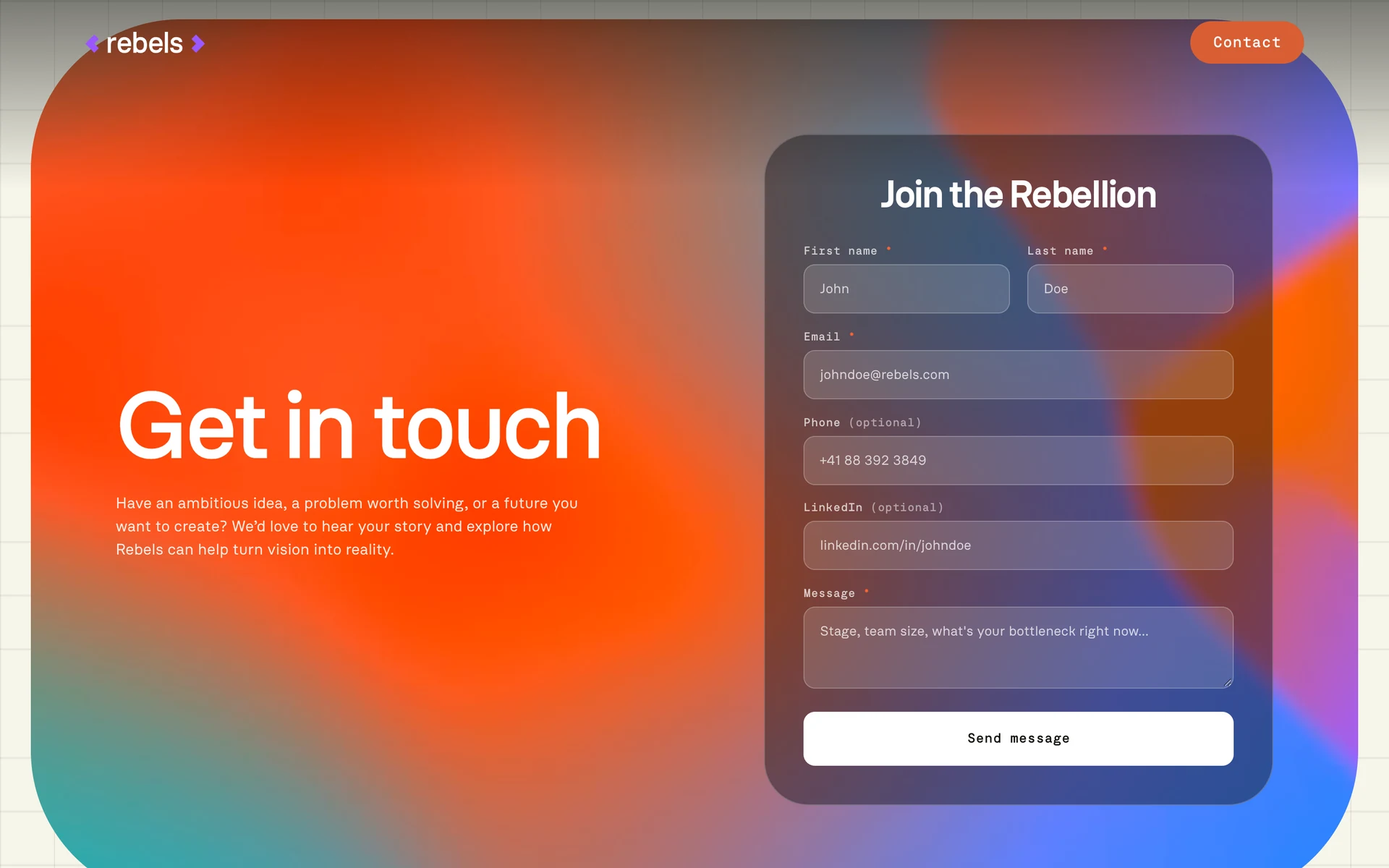 The Contact section of the Rebels website: a large rounded panel filled with a gradient that runs from orange through teal and blue to violet. On it the headline Get in touch with three lines of text, and a dark form card titled Join the Rebellion with fields for first name, last name, email, phone, LinkedIn and message, and a white Send message button.