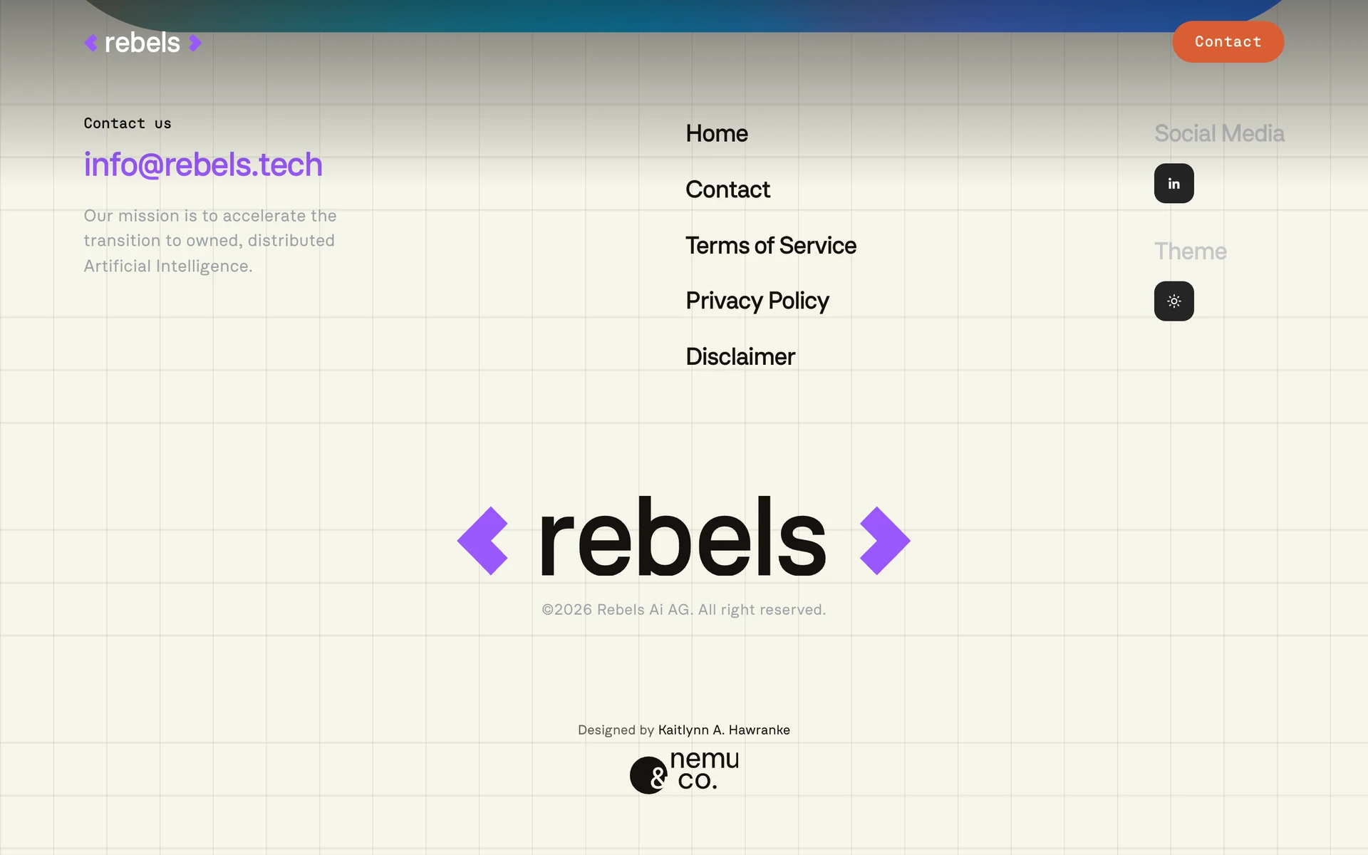 The footer of the Rebels website on an ivory ground with a fine grid: a contact address, the links Home, Contact, Terms of Service, Privacy Policy and Disclaimer, a theme switch, the large logo with violet arrow marks, a copyright line, and at the bottom the line Designed by Kaitlynn A. Hawranke above the Nemu and Co. mark.