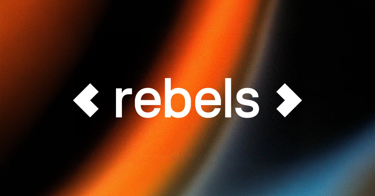 The Rebels logo in white on a black ground crossed by a soft diagonal band of orange and blue light.