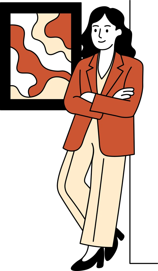 Illustration: A woman in a copper blazer leaning with crossed arms beside a framed abstract picture.