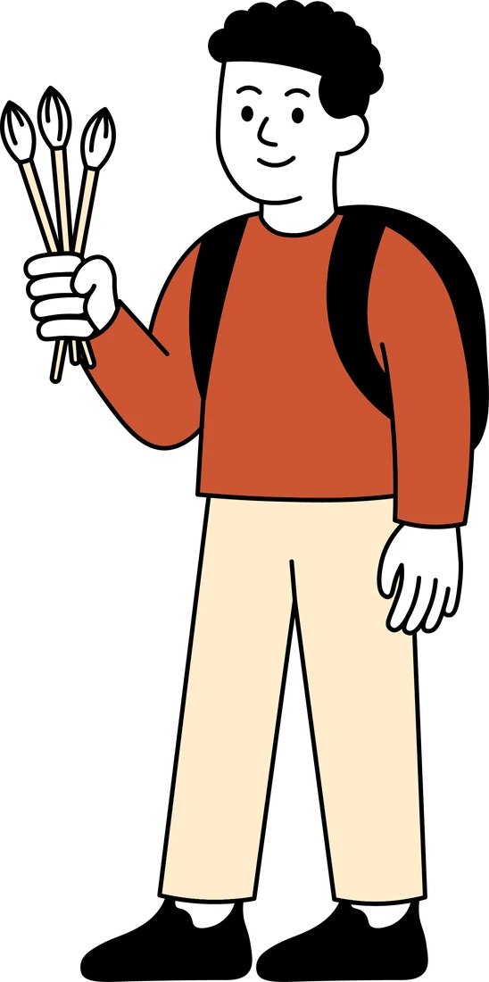 Illustration: A young man with a backpack holding up three paint brushes.