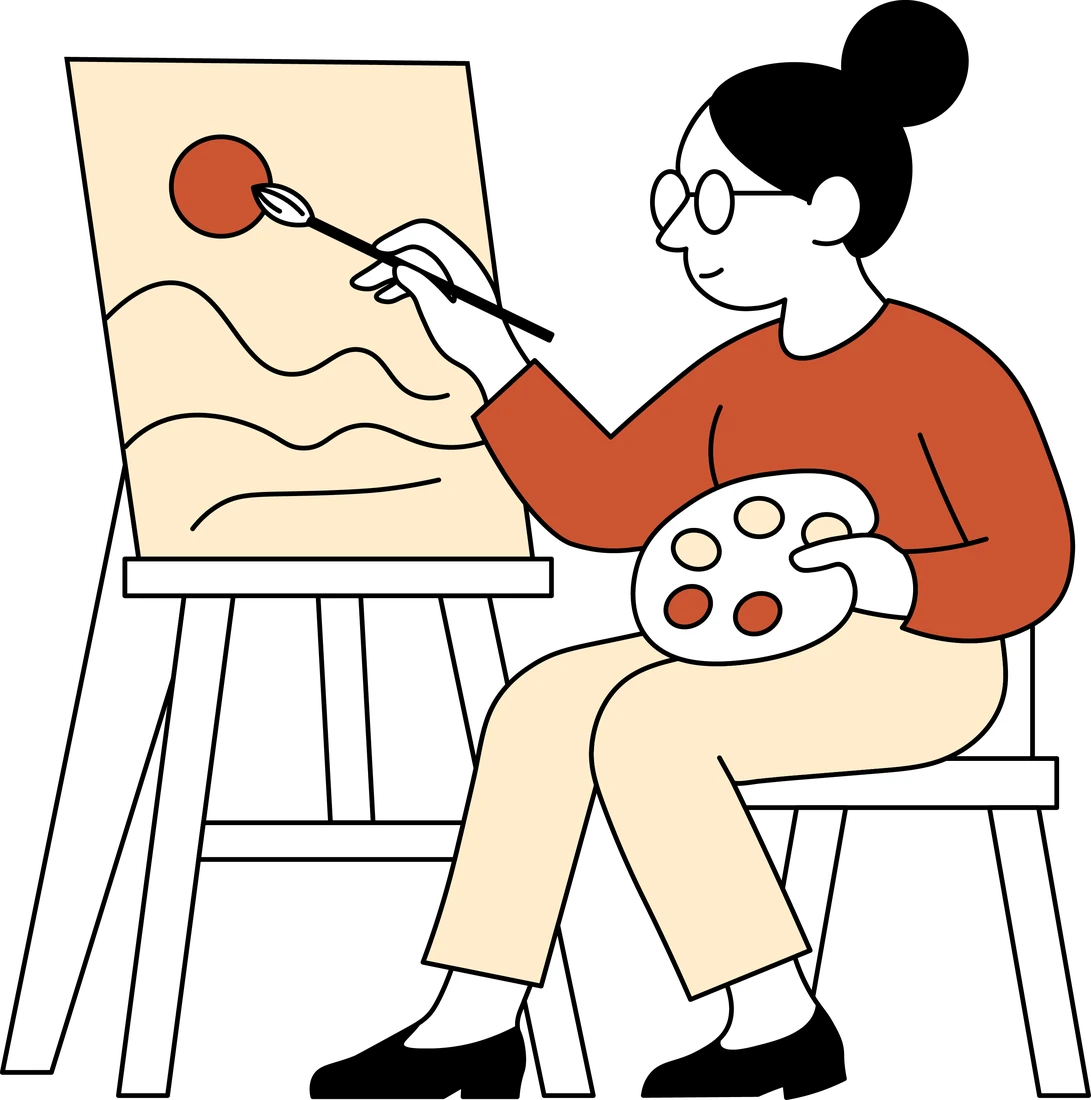 Illustration: A woman with a bun and glasses sitting at an easel, painting, a palette in her other hand.