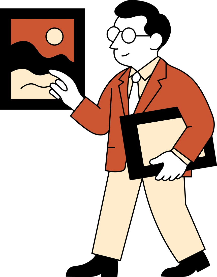 Illustration: A man with glasses in a copper jacket walking past a framed picture and pointing at it, an empty frame under his arm.