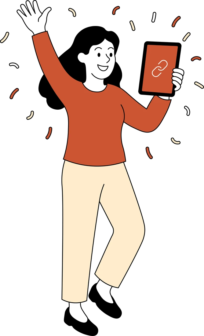 Illustration: A woman cheering with one arm raised, holding a phone that shows a link sign.