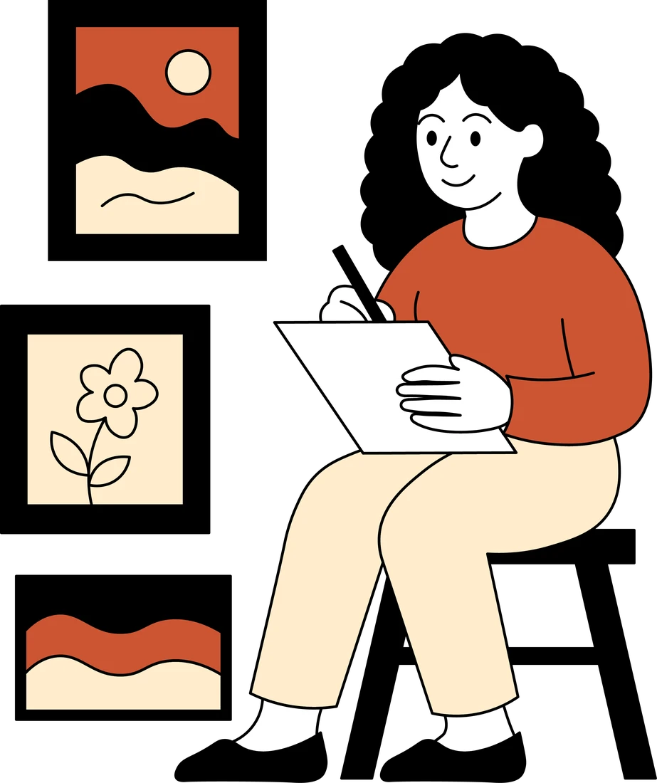 Illustration: A woman with curly hair sitting on a stool and drawing on a pad, three framed pictures beside her.