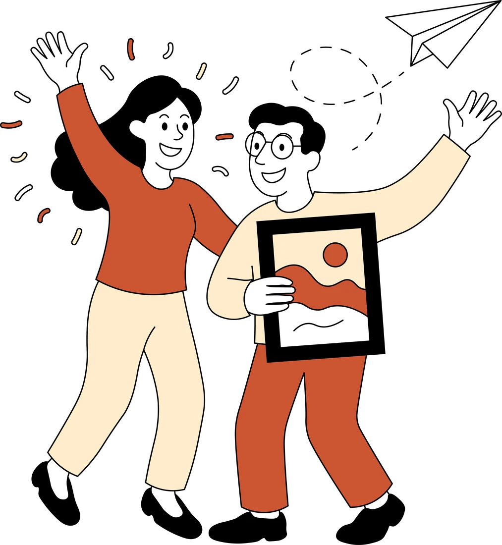 Illustration: A woman and a man waving, the man holding a framed picture, a paper plane flying above them.