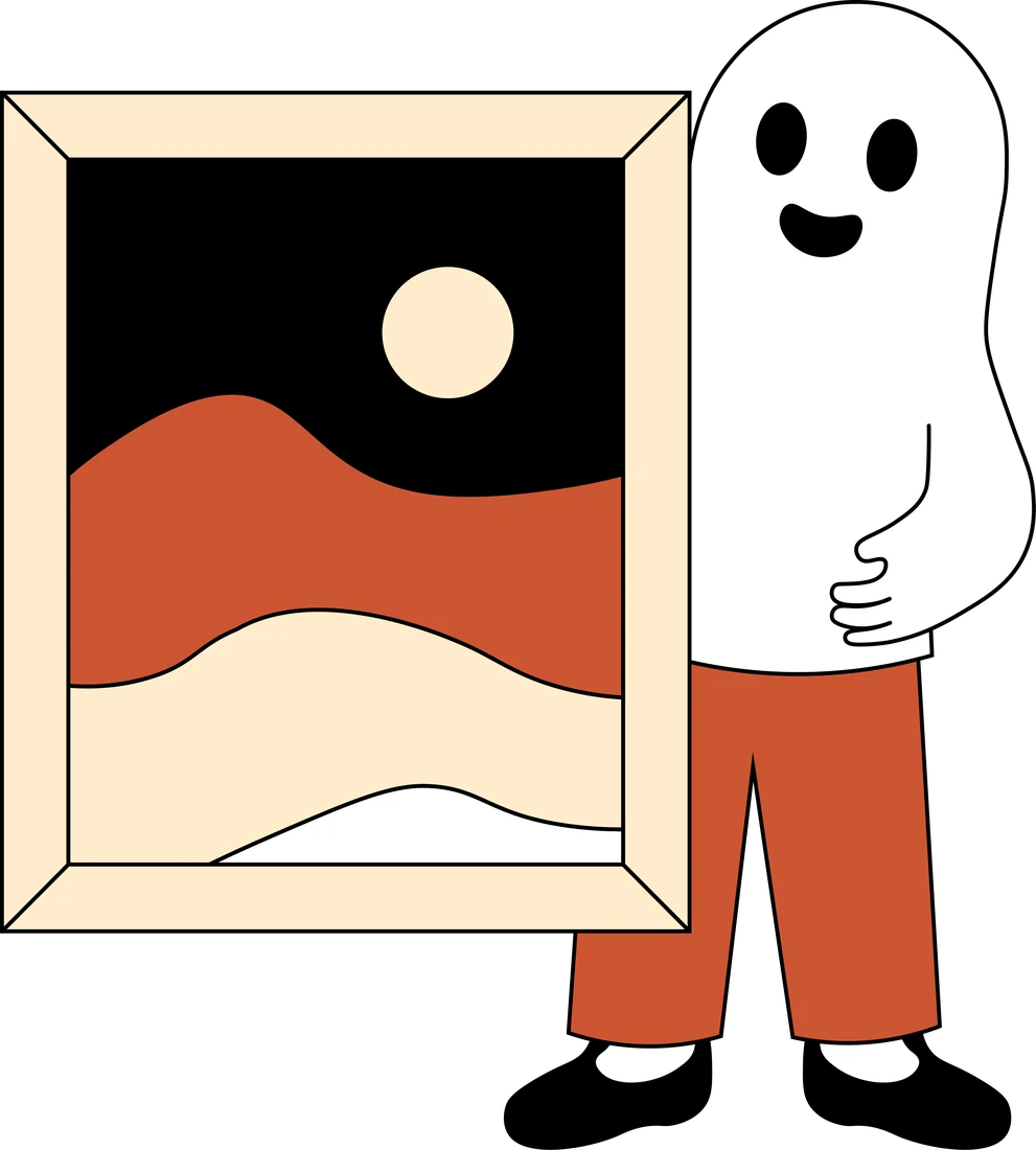 Illustration: A smiling ghost in copper trousers standing behind a large framed landscape.