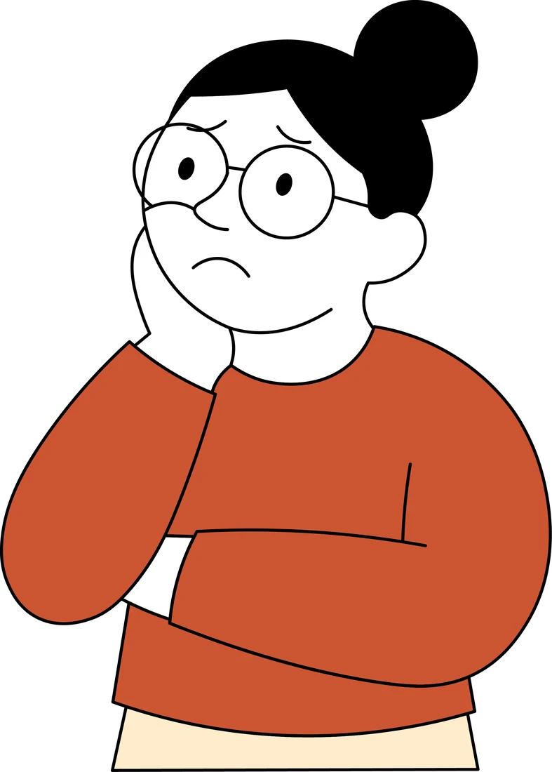 Illustration: A woman with a bun and glasses frowning, her head resting in her hand.