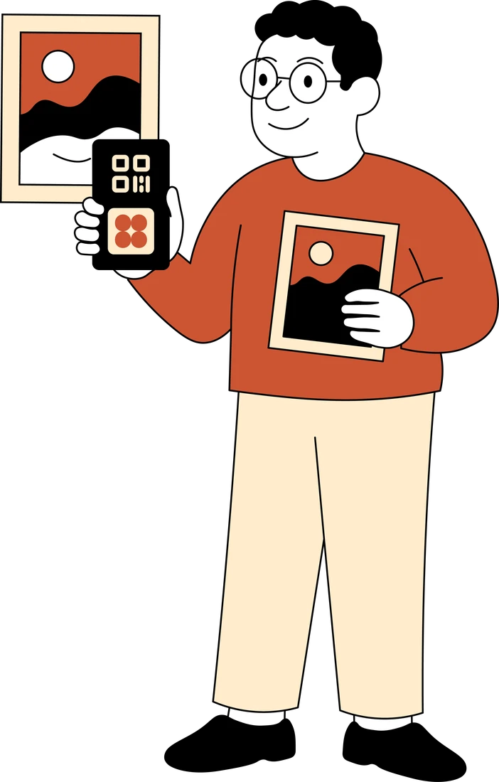 Illustration: A man with glasses holding a phone with a code on its screen in one hand and a framed picture in the other, a second picture behind him.