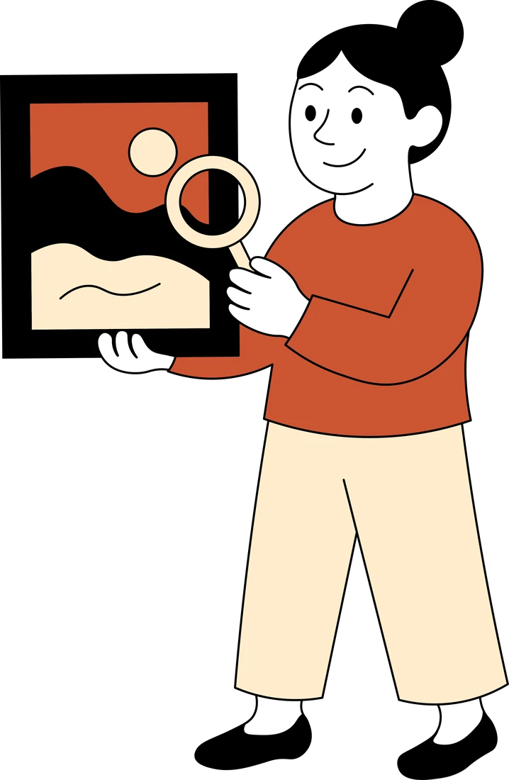 Illustration: A woman with a bun looking at a framed picture through a magnifying glass.