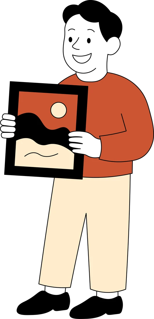 Illustration: A man holding a framed picture in front of him with both hands.