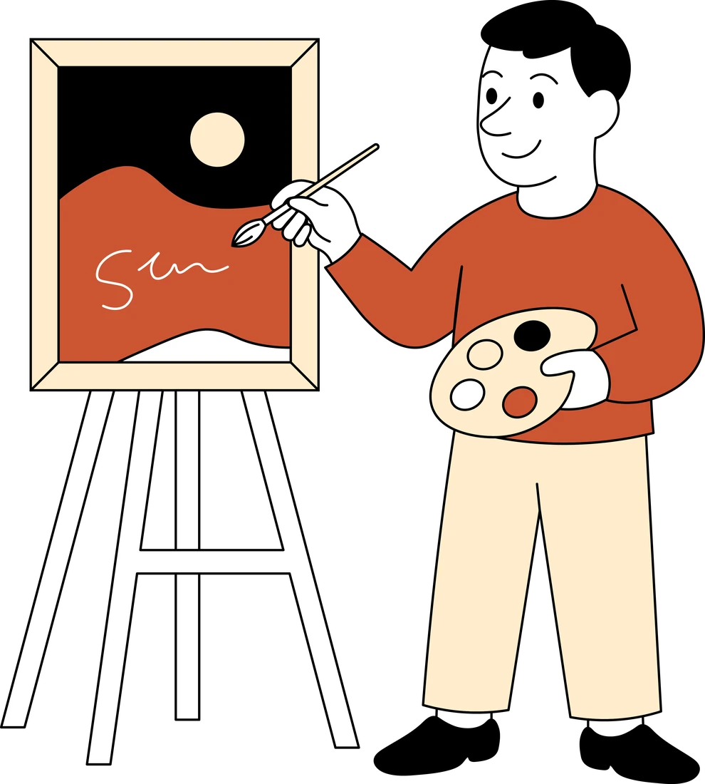 Illustration: A man with a palette signing a painting that stands on an easel.
