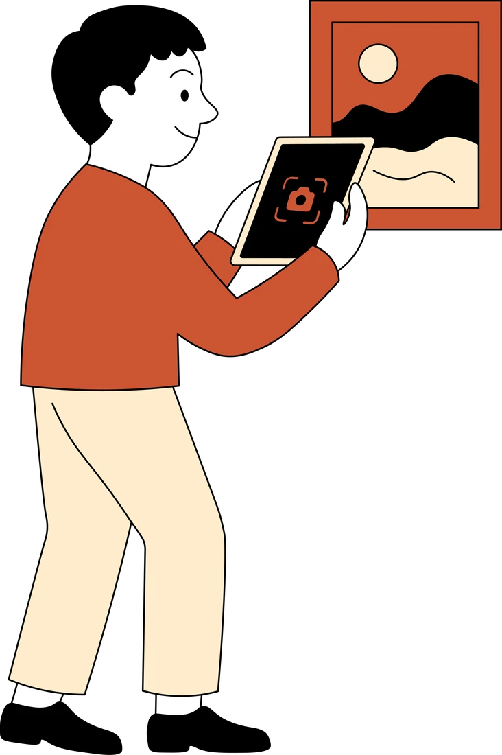 Illustration: A man holding a tablet up to a framed picture on the wall.