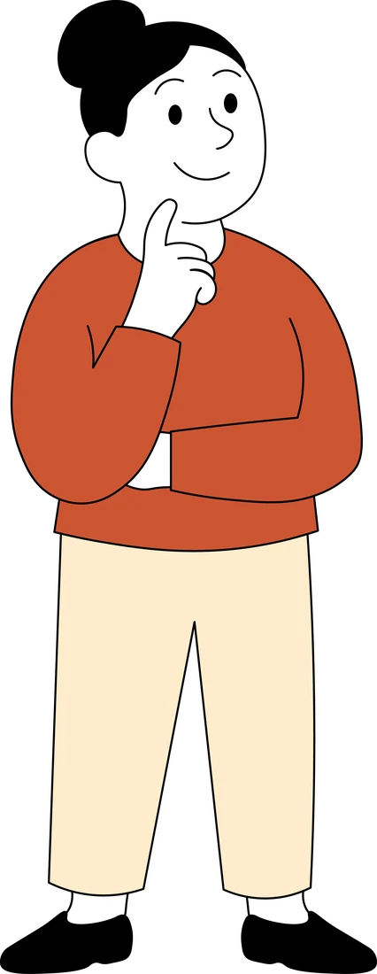 Illustration: A woman with a bun standing with a hand on her chin, thinking.