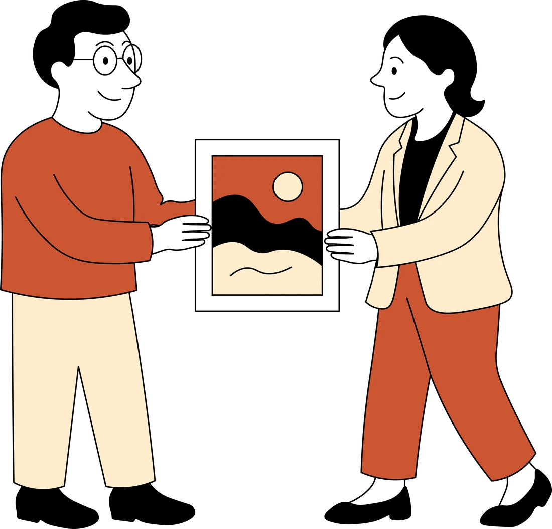 Illustration: A man and a woman passing a framed picture from one to the other.