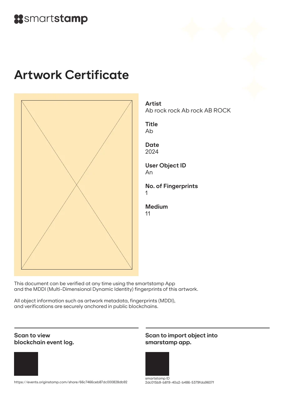 A page titled Artwork Certificate under the smartstamp logo: a cream picture area crossed by two diagonal lines, fields for Artist, Title, Date, User Object ID, No. of Fingerprints and Medium filled with sample text, two lines on how the document can be verified, and two black squares in place of codes, labelled Scan to view blockchain event log and Scan to import object into smartstamp app.