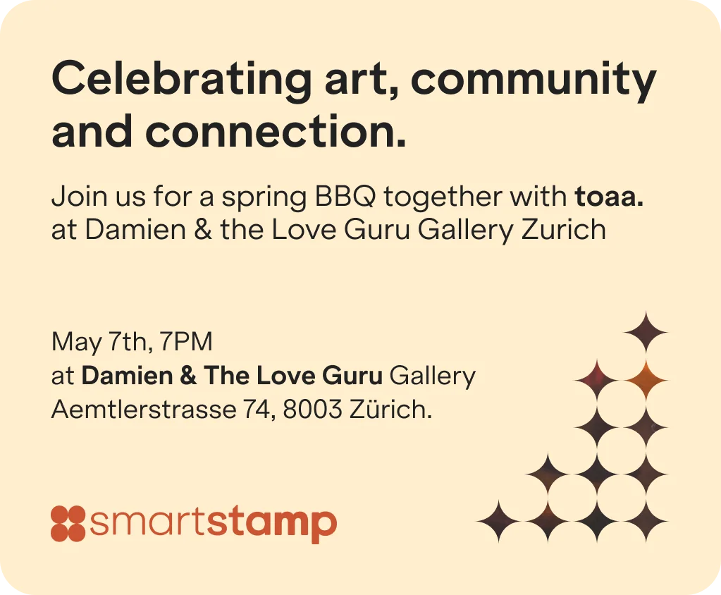Flyer on a cream ground with the headline Celebrating art, community and connection, an invitation to a spring BBQ at a gallery in Zurich on May 7th at 7 PM with the address, the smartstamp logo in copper and a triangle of dark four pointed stars.