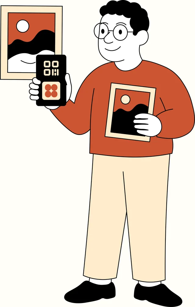 Flat illustration in black, white, cream and copper: a person with glasses in a copper jumper holding a phone that shows a code and a small framed picture, with a second picture on the wall.