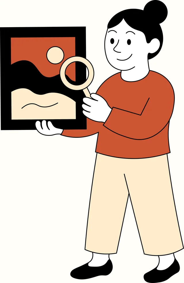 Flat illustration in black, white, cream and copper: a person holding a framed picture and a magnifying glass.