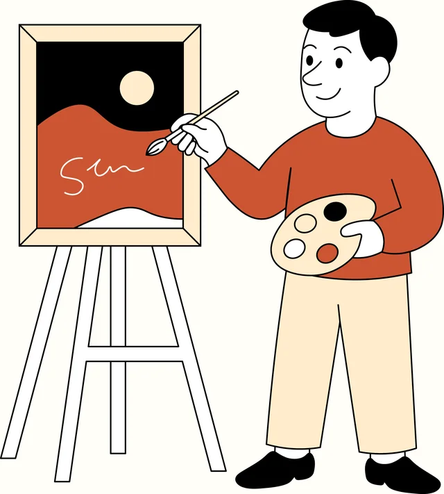 Flat illustration in black, white, cream and copper: a person with a palette signing a picture on an easel.