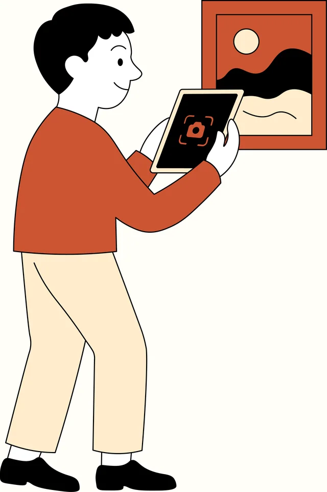 Flat illustration in black, white, cream and copper: a person seen from behind holding a tablet up to a framed picture.