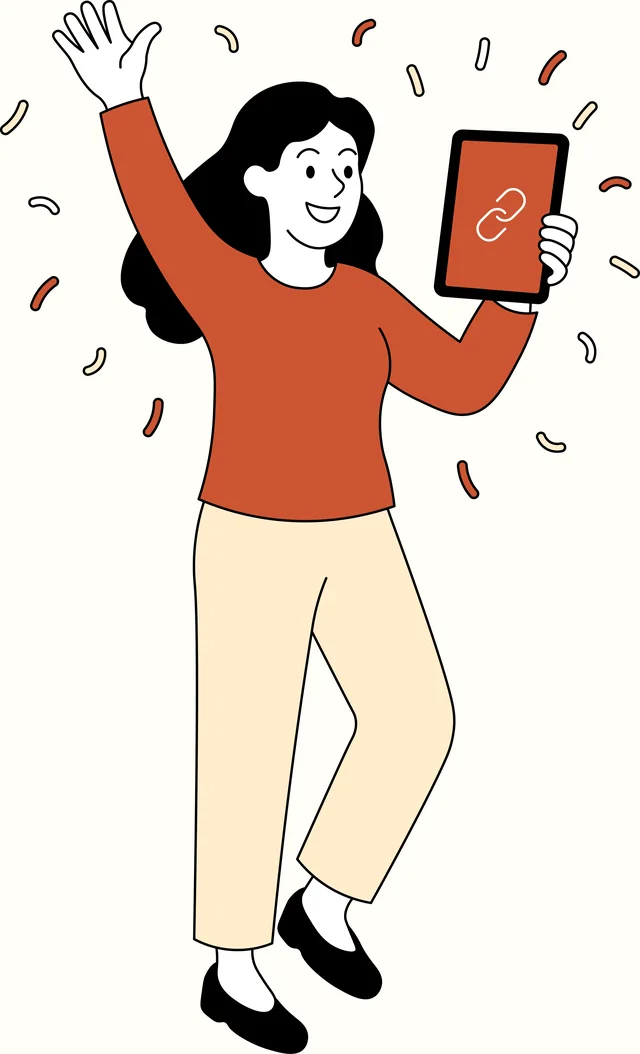 Flat illustration in black, white, cream and copper: a person cheering with one arm raised and a phone showing a link symbol, with confetti around.