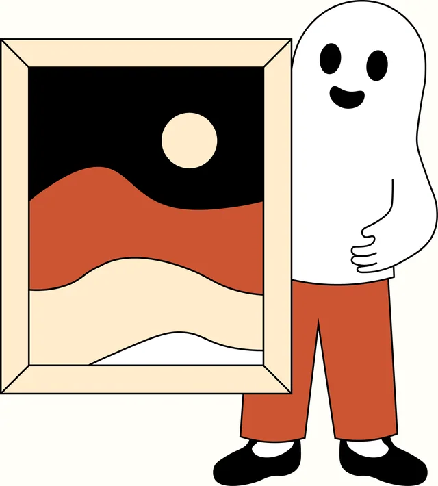 Flat illustration in black, white, cream and copper: a white ghost with a smiling face standing beside a large framed picture.