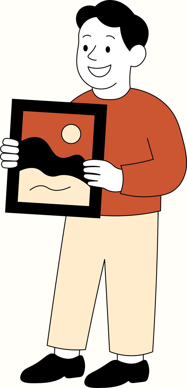 Flat illustration in black, white, cream and copper: a person holding a framed picture in front of the body.