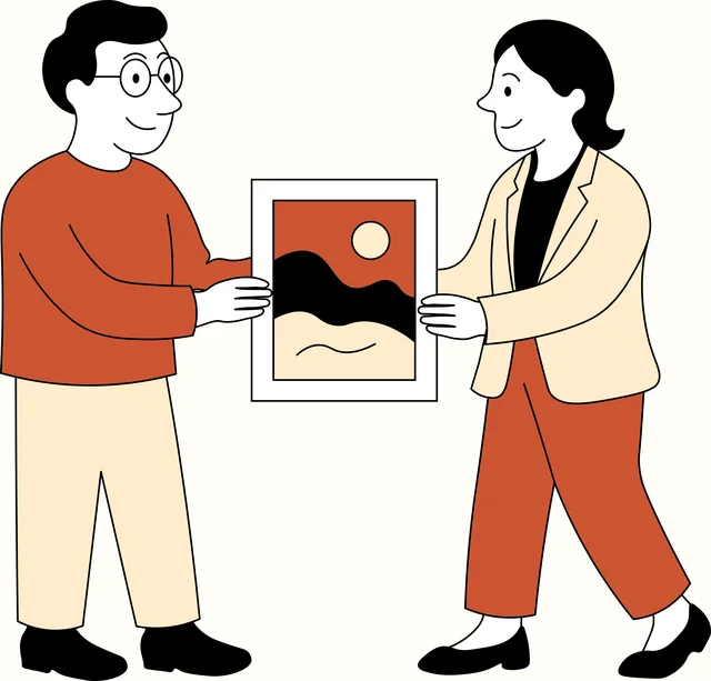 Flat illustration in black, white, cream and copper: two people passing a framed picture from one to the other.