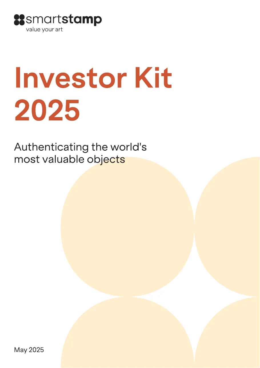Cover page: the smartstamp logo with the line value your art, the title Investor Kit 2025 in copper, the line Authenticating the world’s most valuable objects, large cream circles cut by the page edge, and the date May 2025.
