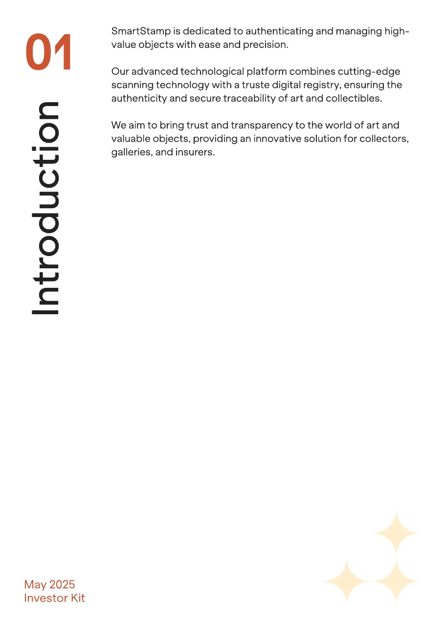 Inside page: a large copper 01, the word Introduction set upright along the left side, three short paragraphs of text, and three cream four pointed stars in the lower right corner.