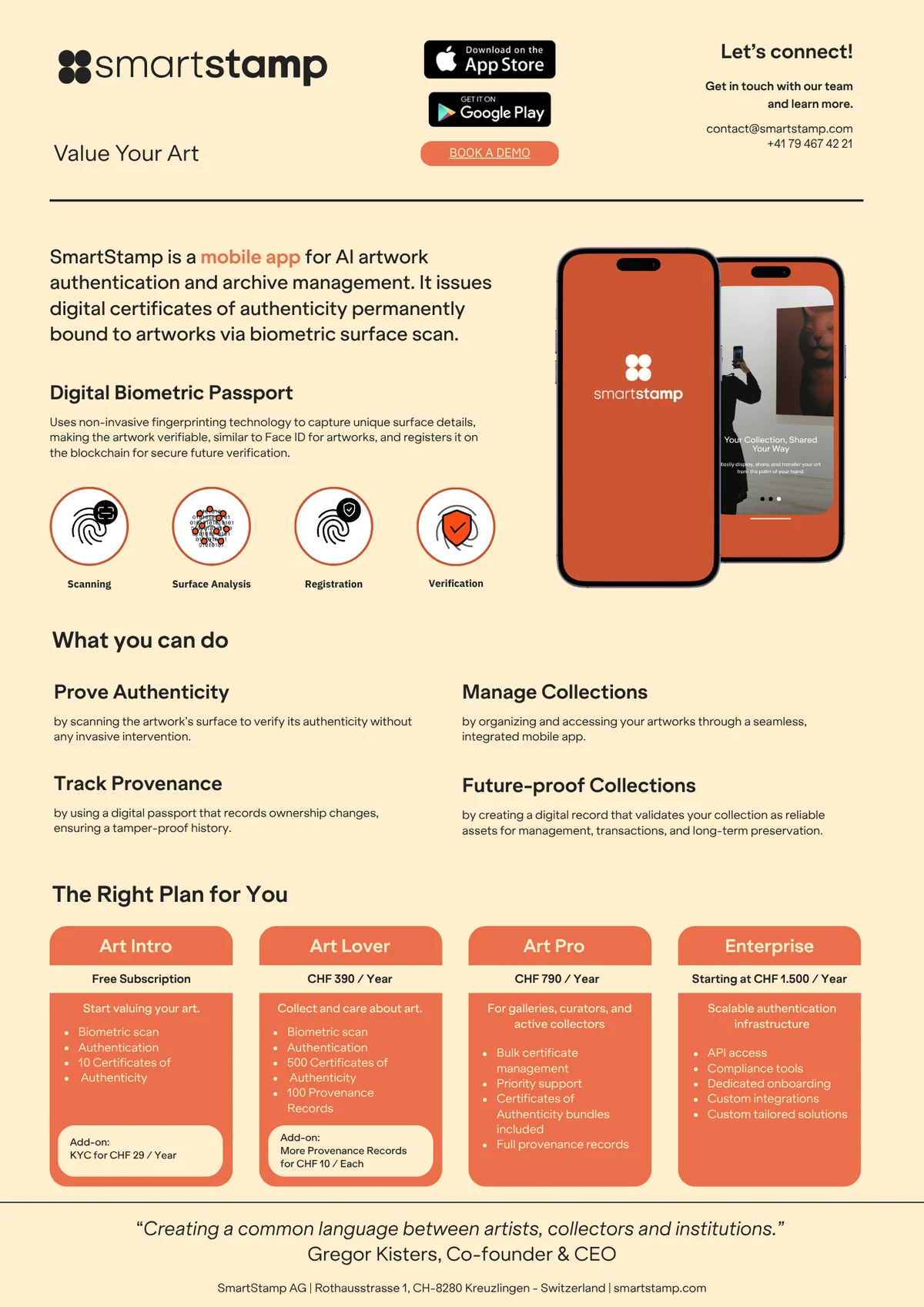 One pager on a cream ground: the smartstamp logo with the line Value Your Art, App Store and Google Play badges, a Book a demo button and contact details. Below, the sentence SmartStamp is a mobile app for AI artwork authentication and archive management, two copper phones, the heading Digital Biometric Passport above four round icons named Scanning, Surface Analysis, Registration and Verification, the heading What you can do with four points, and The Right Plan for You with four copper cards named Art Intro, Art Lover, Art Pro and Enterprise. A quoted line and the company address close the page.