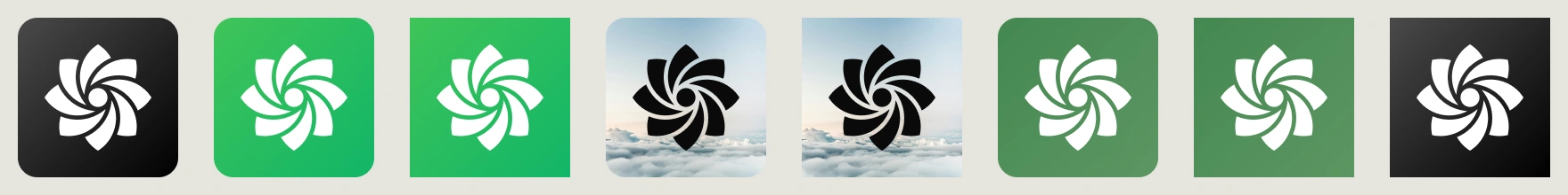 Eight small square icons in a row, in black, bright green, a picture of clouds and dark green, each with square and with rounded corners.