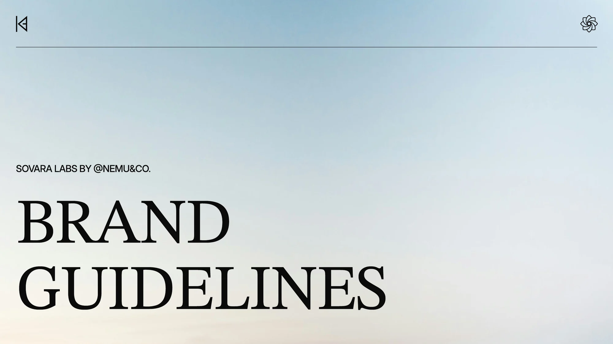 The cover of the book: a pale sky blue ground with a thin rule, a small line that reads Sovara Labs by @Nemu&Co., and the words Brand Guidelines in large black capitals.