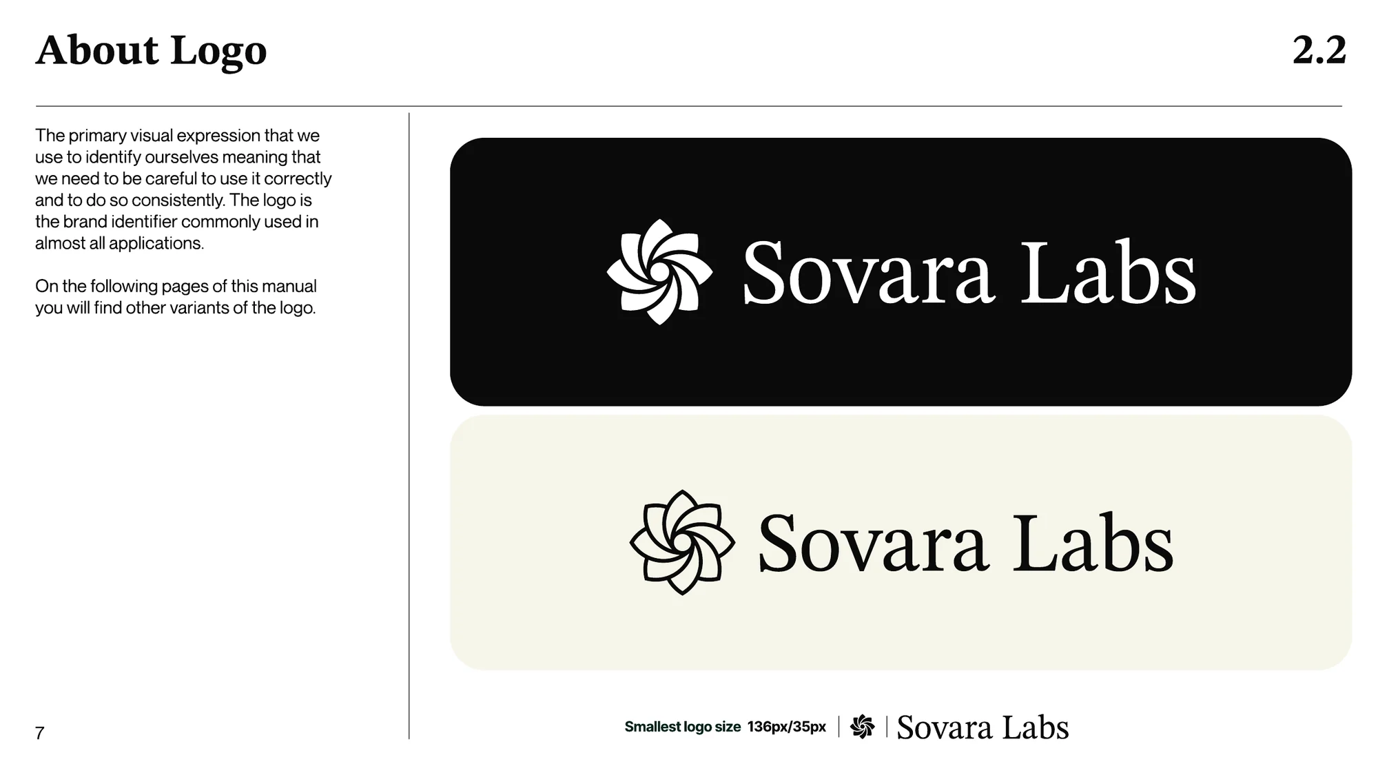 A page titled About Logo: the logo in white on a black panel and in black on a cream panel, icon and name in one colour.