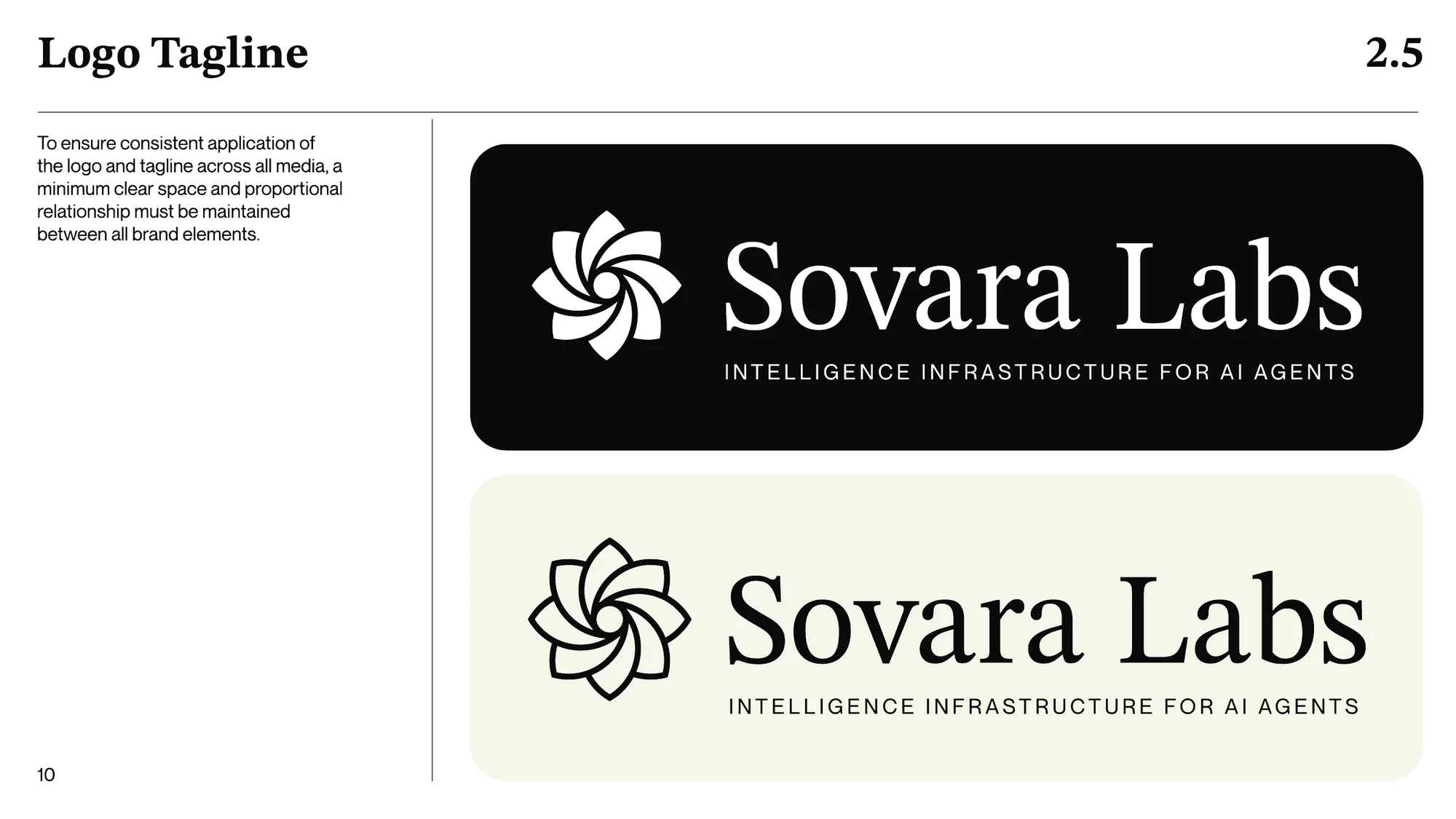 A page titled Logo Tagline: the logo with the line Intelligence Infrastructure for AI Agents in small capitals under the name, in white on black and in black on cream.